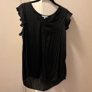 Black short sleeve silk top with flutter sleeves